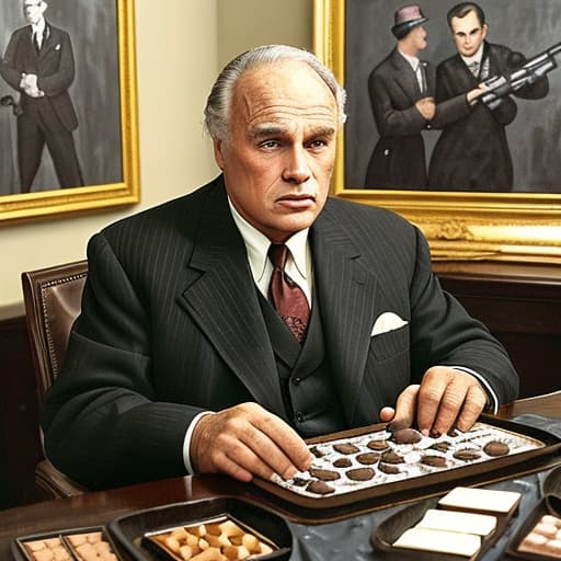  Elderly Marlon Brando, dressed in a black and gray 1940’s dress suit inside a dark office of his mansion. Foreground plates of fine dark chocolates on a table. Background dark office with men holding guns Painting style of Edgar Degas