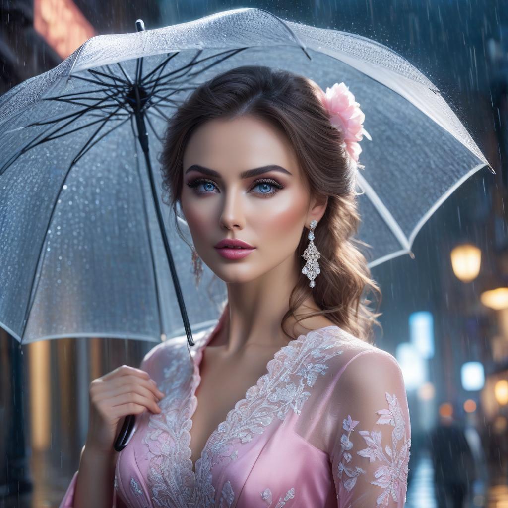  A beautiful girl with an umbrella in the rain, in a pink dress, a clear focus, bright highlighted eyes, well drawn details, bright vivid eyes, a beautiful portrait illustration, a portrait in the fantasy style, blue and white flashes, bright colors, bright eyes, fantastic art, intricate design, super detailed, clear focus, 8k, high resolution, elegant, hyperrealistic, full body, detailed clothing, highly detailed, cinematic lighting, stunningly beautiful, intricate, sharp focus, f/1. 8, 85mm, (centered image composition), (professionally color graded), ((bright soft diffused light)), volumetric fog, trending on instagram, trending on tumblr, HDR 4K, 8K