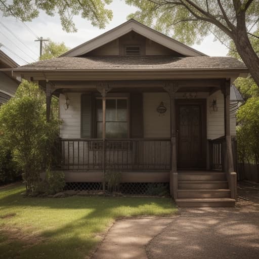  front exterior of a 1913 bungalow decorated with vintage style, photorealistic, contrast, high quality, hyper realistic, clear features, highly detailed, natural lighting, sharp focus, f/1.8, 85mm, high contrast, HDR 4K, 8K