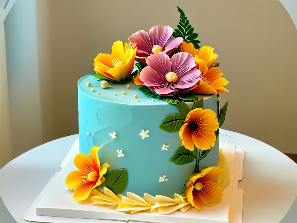  A closeup, ultradetailed image of a beautifully decorated cake using augmented reality technology. The cake features intricate, lifelike 3D floral designs that appear to be blooming and cascading down the tiers. Each petal and leaf is meticulously crafted and seems so realistic that you can almost feel their delicate texture. The colors are vibrant, with a perfect balance between pastel shades and bold hues, creating a visually stunning and harmonious composition. The lighting is soft and elegant, enhancing the overall dreamy and enchanting atmosphere of the cake. hyperrealistic, full body, detailed clothing, highly detailed, cinematic lighting, stunningly beautiful, intricate, sharp focus, f/1. 8, 85mm, (centered image composition), (professionally color graded), ((bright soft diffused light)), volumetric fog, trending on instagram, trending on tumblr, HDR 4K, 8K