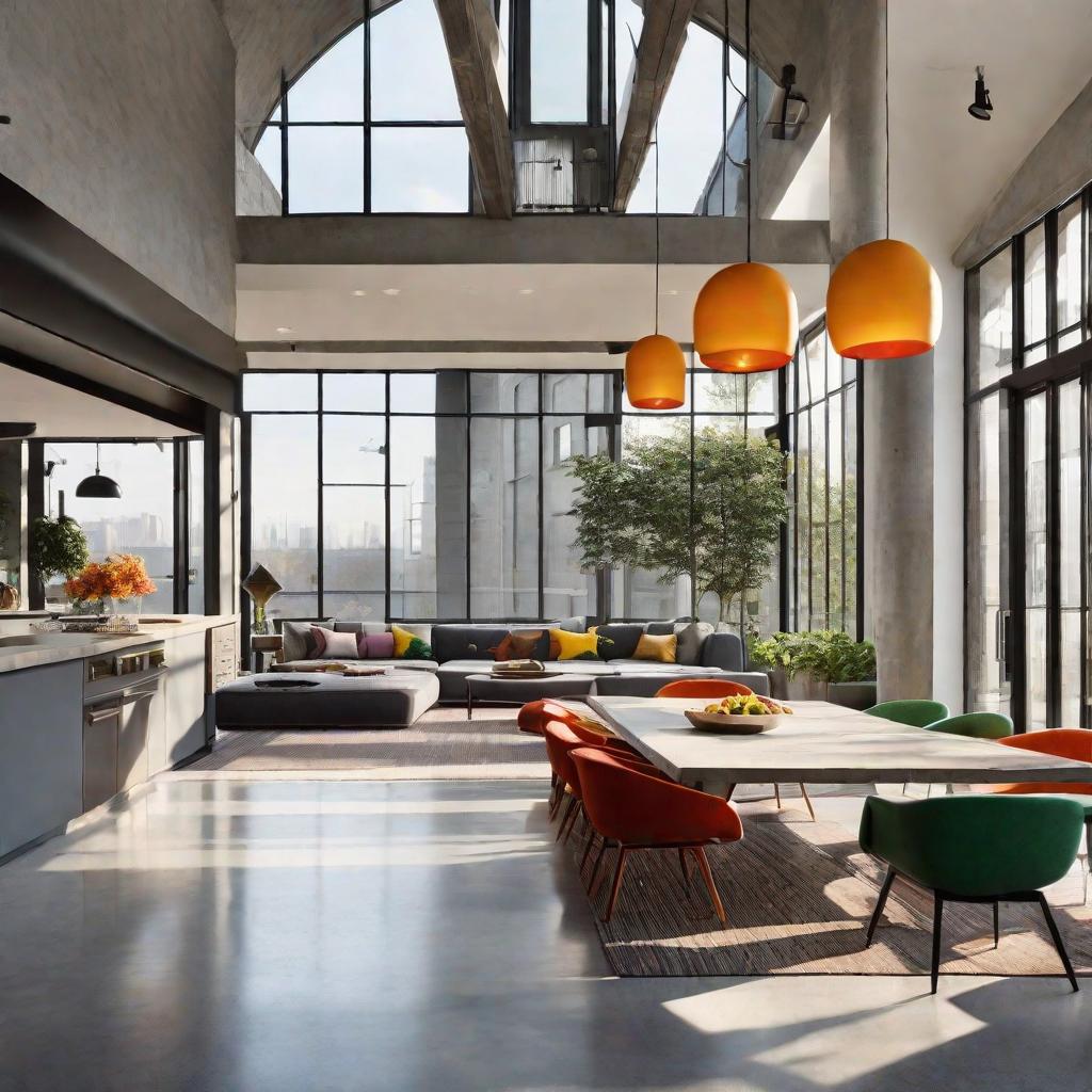   Sun drenched loft apartment with floor to ceiling windows, sleek built in furniture, polished concrete floors, pops of vibrant color from minimalist art and sculptural lighting. (Think clean lines, natural materials, and uncluttered spaces.) 8k, cinematic lighting, HDR