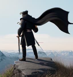  A man stands on the top of a mountain, his eyes covered with black cloth, his nose straight, his mouth upturned, his hair tail fluttering in the wind, and he carries a sword on his back.