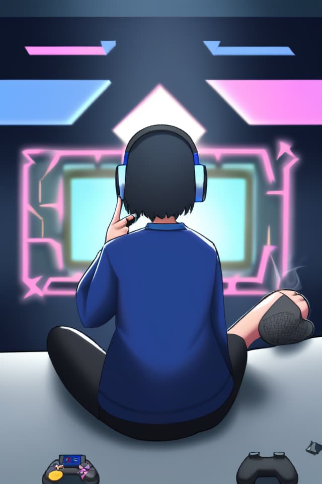  Gaming , black hair, short hair, s, smoking, big s, black and blue , wearing headphones, back, eyeshadow, mine based makeup, blue eyes, I'm sitting with my legs