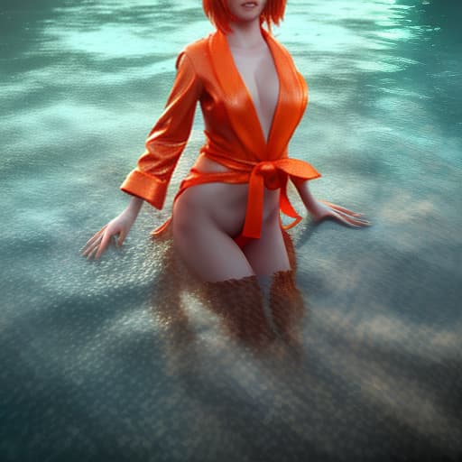 redshift style woman under water with short orange hair no reaction wearing red robe without anything else