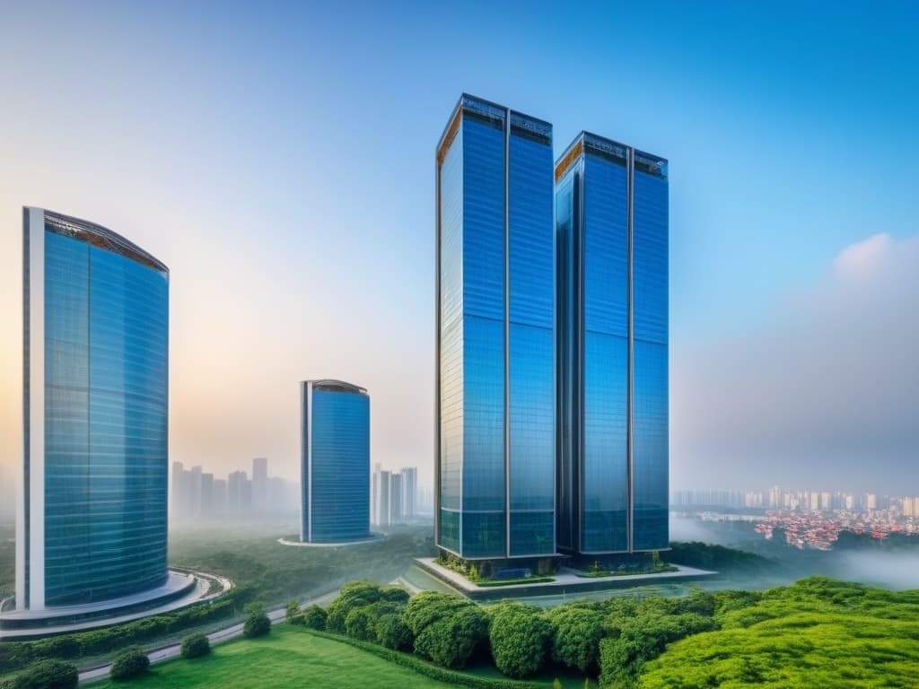  A luxurious highrise building with modern architecture standing tall against a clear blue sky, surrounded by lush greenery and reflecting the vibrant cityscape in its shimmering glass facade. The image showcases a bustling urban environment with meticulously landscaped gardens and upscale amenities, portraying a sense of security and prosperity in international real estate investments. hyperrealistic, full body, detailed clothing, highly detailed, cinematic lighting, stunningly beautiful, intricate, sharp focus, f/1. 8, 85mm, (centered image composition), (professionally color graded), ((bright soft diffused light)), volumetric fog, trending on instagram, trending on tumblr, HDR 4K, 8K