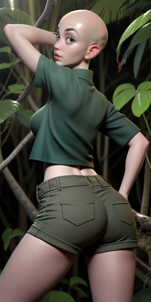  bald girl-in the jungle, takes off her pants, back