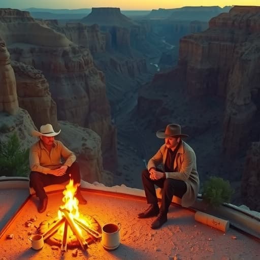  create a western inspired photograph shot in 50mm from a first person view sitting around a campfire. also inspired by roger deakins cinematogrphy work. this photograph has to emphasize tension and each section is motivating each other to tell a story. in the midground shows a railway going into a man sized mining cavern. the overall scene is set in a desert setting at dawn just before the sunrise. the scene is seperated in three sections, the foreground, middleground, and background. the background shows a deep canyon below with rugged rock formations and a winding river that tapers down into the distance. the midground appears closer to your area at around 100 ft away and comprises part of a canyonside. within this canyonside you see a ra hyperrealistic, full body, detailed clothing, highly detailed, cinematic lighting, stunningly beautiful, intricate, sharp focus, f/1. 8, 85mm, (centered image composition), (professionally color graded), ((bright soft diffused light)), volumetric fog, trending on instagram, trending on tumblr, HDR 4K, 8K