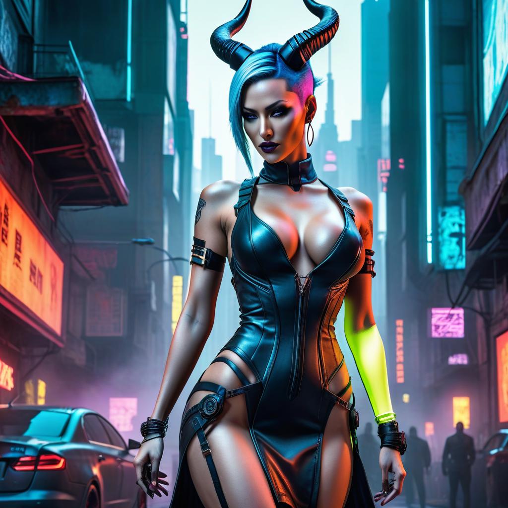  cyberpunk game style To its full height. Human. Bent horns. Long tail. Succubus. Athletic body. Light dress. Watercolor. Sketch. . neon, dystopian, futuristic, digital, vibrant, detailed, high contrast, reminiscent of cyberpunk genre video games hyperrealistic, full body, detailed clothing, highly detailed, cinematic lighting, stunningly beautiful, intricate, sharp focus, f/1. 8, 85mm, (centered image composition), (professionally color graded), ((bright soft diffused light)), volumetric fog, trending on instagram, trending on tumblr, HDR 4K, 8K