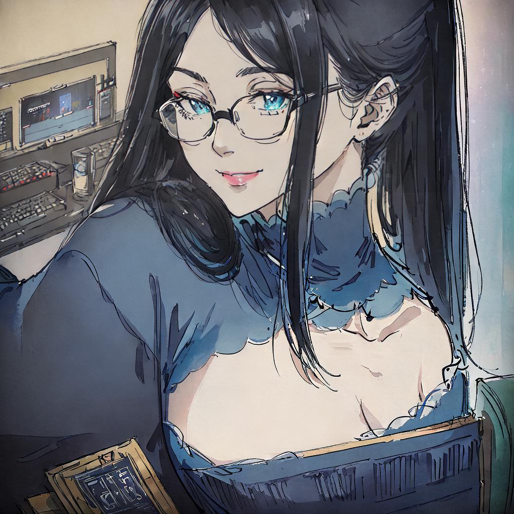  ((masterpiece)), (((best quality))), 8k, high detailed, ultra-detailed. A dark-haired woman with glasses sits smiling at a computer in an office, bluish color scheme hyperrealistic, full body, detailed clothing, highly detailed, cinematic lighting, stunningly beautiful, intricate, sharp focus, f/1. 8, 85mm, (centered image composition), (professionally color graded), ((bright soft diffused light)), volumetric fog, trending on instagram, trending on tumblr, HDR 4K, 8K