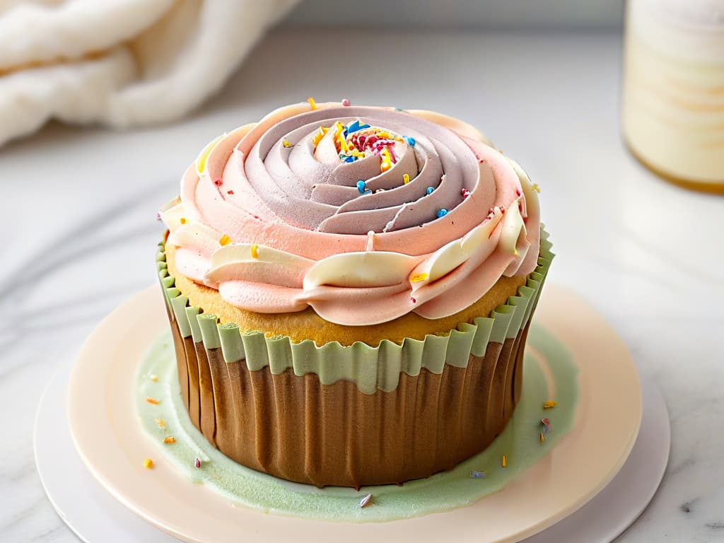  An ultradetailed closeup image of a perfectly baked cupcake with a goldenbrown crust, topped with swirls of pastelcolored frosting and delicate sprinkles arranged in a mesmerizing pattern. The cupcake sits on a sleek, white marble countertop, with soft natural light casting gentle shadows, emphasizing the texture and colors of the dessert. hyperrealistic, full body, detailed clothing, highly detailed, cinematic lighting, stunningly beautiful, intricate, sharp focus, f/1. 8, 85mm, (centered image composition), (professionally color graded), ((bright soft diffused light)), volumetric fog, trending on instagram, trending on tumblr, HDR 4K, 8K