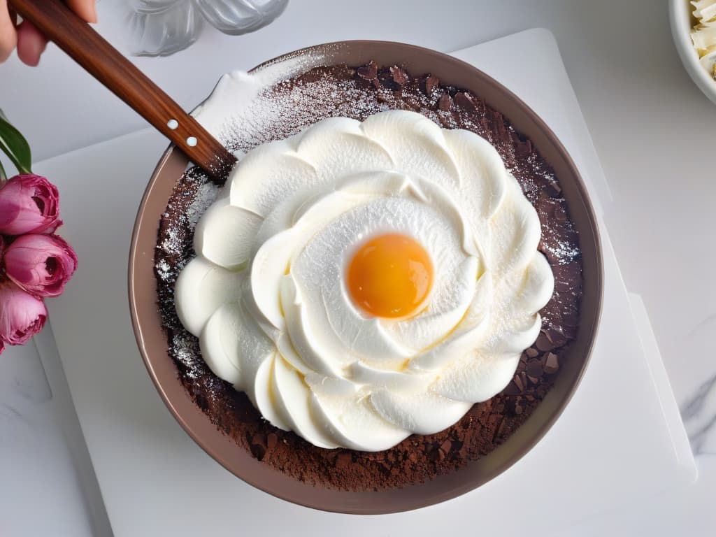  A closeup, ultradetailed image of a baker's hands expertly folding fluffy egg whites into a rich chocolate batter, captured from a topdown perspective. The hands are adorned with delicate silver rings, casting a soft shadow on the pristine white marble countertop below. The glossy mixture cascades smoothly off the spatula, creating graceful ribbons of chocolate against the backdrop of a vintage floralpatterned mixing bowl. The lighting highlights the intricate swirls of the batter, emphasizing the meticulous care and precision required in the art of baking. hyperrealistic, full body, detailed clothing, highly detailed, cinematic lighting, stunningly beautiful, intricate, sharp focus, f/1. 8, 85mm, (centered image composition), (professionally color graded), ((bright soft diffused light)), volumetric fog, trending on instagram, trending on tumblr, HDR 4K, 8K