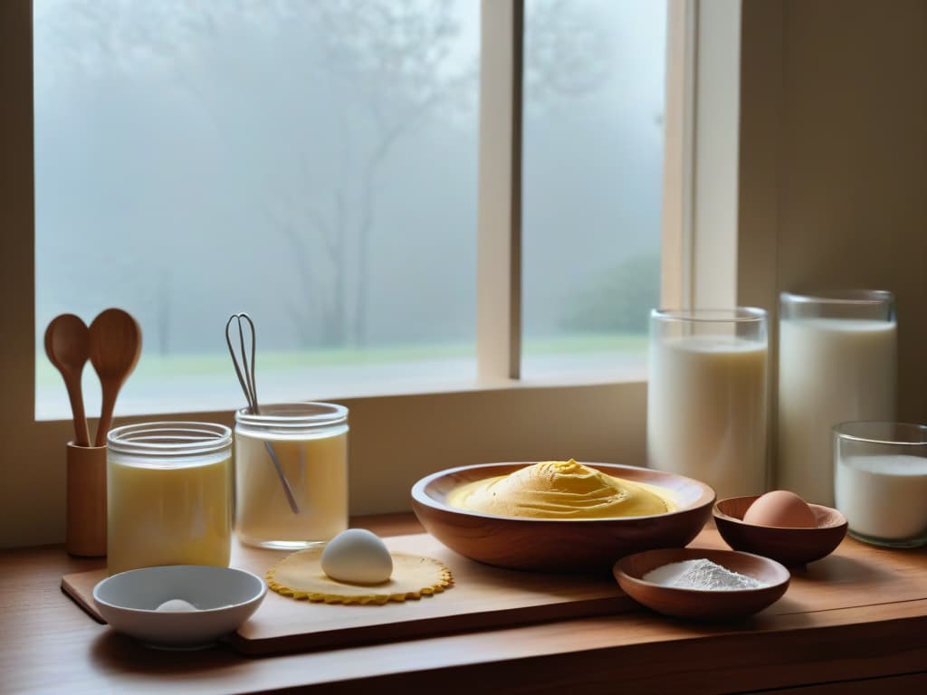  A highresolution, minimalist image of a serene kitchen counter with neatly arranged baking tools and ingredients, including bowls of flour, sugar, and eggs, a rolling pin, measuring cups, and a whisk. The soft natural light coming through a nearby window highlights the textures and shapes of the items, creating a calming and inviting atmosphere for a successful baking session. hyperrealistic, full body, detailed clothing, highly detailed, cinematic lighting, stunningly beautiful, intricate, sharp focus, f/1. 8, 85mm, (centered image composition), (professionally color graded), ((bright soft diffused light)), volumetric fog, trending on instagram, trending on tumblr, HDR 4K, 8K