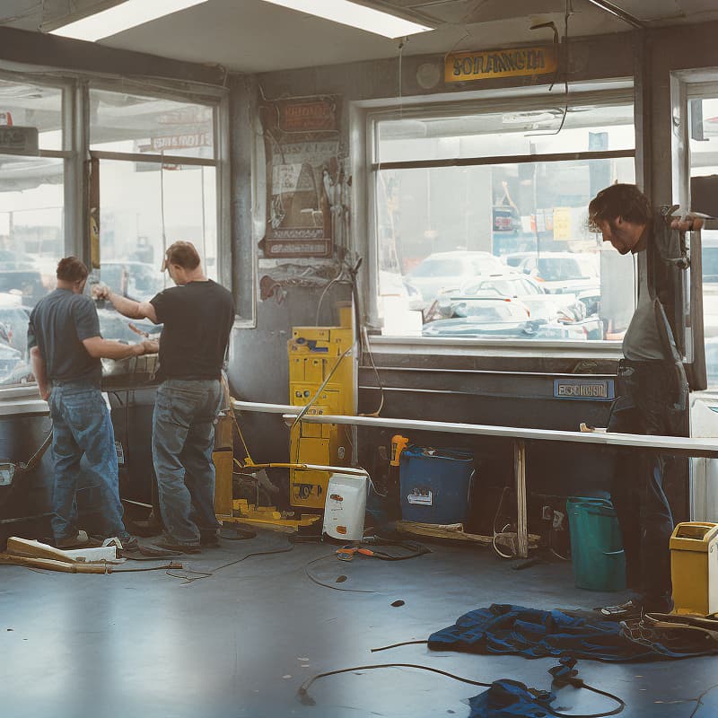 analog style changing windows in a vehicle repair shop