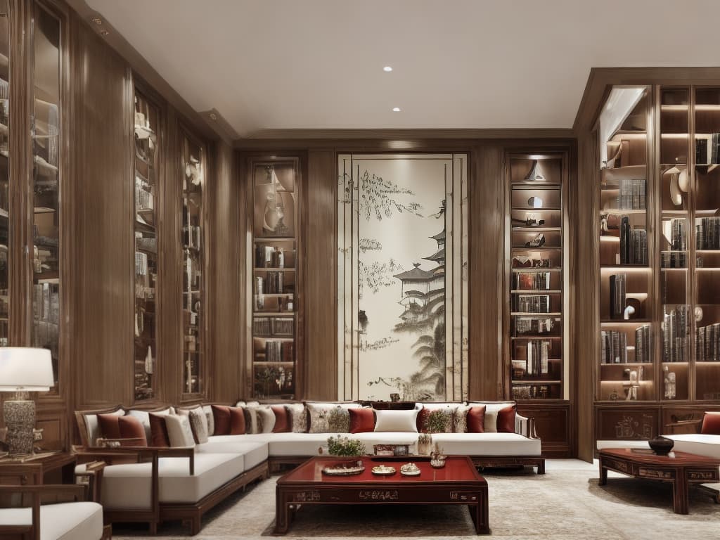  user:A photograph of a living room blending New Chinese style elements with a focus on reading and secondary use for hosting guests. The furniture combines Chinese mahogany with European styles, creating a classical and elegant interior atmosphere. Include bookshelves filled with an assortment of books, a comfortable reading nook with natural lighting, and subtle art pieces that enhance the cultural richness of the space. Created Using: High resolution, natural lighting, detailed texture on wood and fabric, elegant, classical, cultural richness, harmonious color paletteassisant:Drawing: Elegant New Chinese European living room with cultural accents. hyperrealistic, full body, detailed clothing, highly detailed, cinematic lighting, stunningly beautiful, intricate, sharp focus, f/1. 8, 85mm, (centered image composition), (professionally color graded), ((bright soft diffused light)), volumetric fog, trending on instagram, trending on tumblr, HDR 4K, 8K
