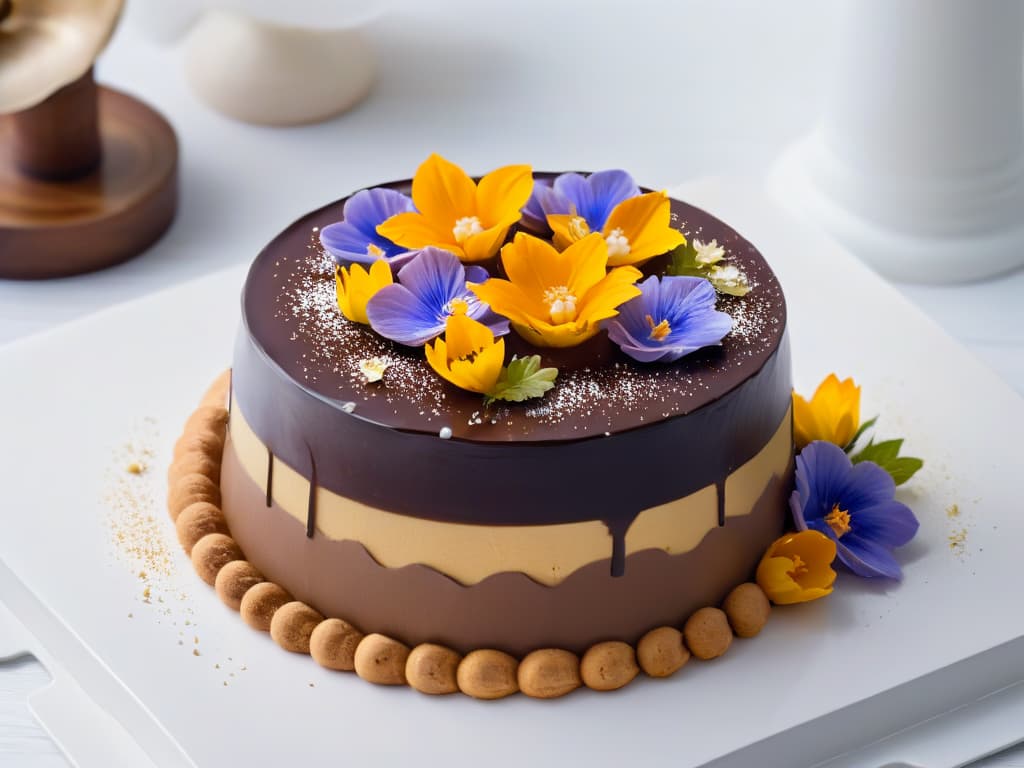  A closeup, ultrahighresolution image of a delicate, intricate dessert plated beautifully on a simple white dish. The dessert is a multilayered creation with glossy chocolate glaze, gold leaf embellishments, and vibrant edible flowers delicately placed on top. The focus is on the exquisite details of the dessert, showcasing the precision and artistry involved in creating such a masterpiece. hyperrealistic, full body, detailed clothing, highly detailed, cinematic lighting, stunningly beautiful, intricate, sharp focus, f/1. 8, 85mm, (centered image composition), (professionally color graded), ((bright soft diffused light)), volumetric fog, trending on instagram, trending on tumblr, HDR 4K, 8K