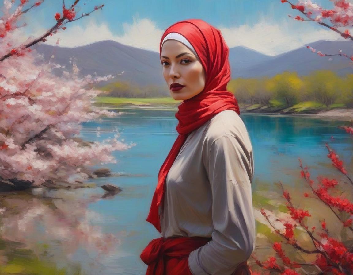  abstract expressionist painting A digital art portrait of a woman with a red headscarf, cherry blossoms in her hair, and serene landscape in the background. . energetic brushwork, bold colors, abstract forms, expressive, emotional hyperrealistic, full body, detailed clothing, highly detailed, cinematic lighting, stunningly beautiful, intricate, sharp focus, f/1. 8, 85mm, (centered image composition), (professionally color graded), ((bright soft diffused light)), volumetric fog, trending on instagram, trending on tumblr, HDR 4K, 8K