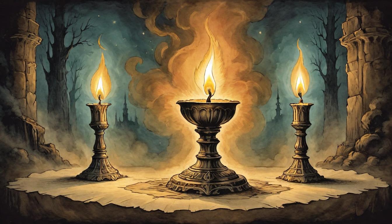  on parchment, surrealism+++, Two candles burning in the dark, their flames merging to form a larger beacon for others. United flames, candles in darkness, combined glow, beacon of unity, guiding light doubled.(mysterious, provocative, symbolic,muted color)+++