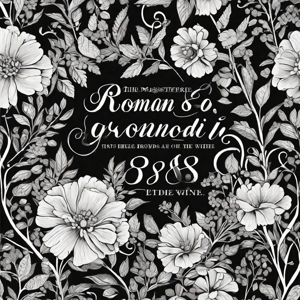  masterpiece, best quality, The words "Roman 8:18" with the flowers and vines growing around them in black and white