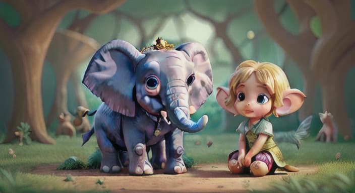  {The elephant and the fairy looking at each other with wonder., The elephant is amazed and the fairy is curious and friendly.