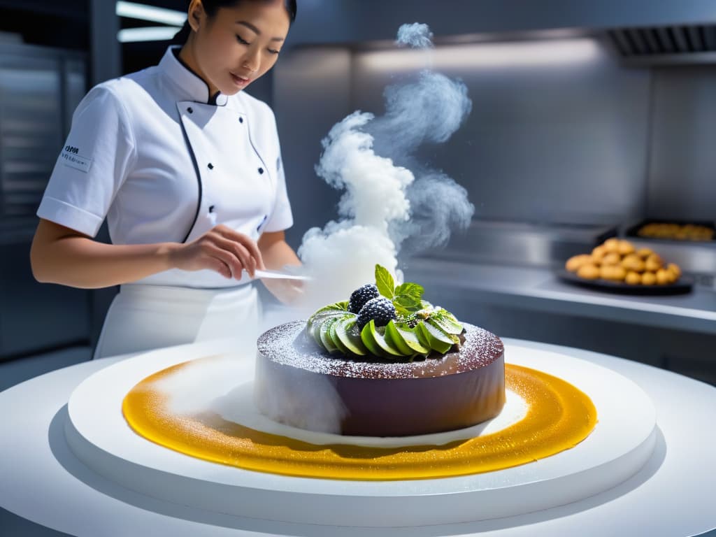  An ultradetailed image of a sleek, futuristic kitchen filled with holographic displays of virtual ingredients floating above a pristine marble countertop. The scene showcases a virtual pastry chef creating an intricate dessert with precision, surrounded by digital tools and AR guides enhancing the baking process. The minimalist design highlights the seamless integration of augmented reality technology into the world of pastry, capturing the essence of innovation and creativity in modern culinary practices. hyperrealistic, full body, detailed clothing, highly detailed, cinematic lighting, stunningly beautiful, intricate, sharp focus, f/1. 8, 85mm, (centered image composition), (professionally color graded), ((bright soft diffused light)), volumetric fog, trending on instagram, trending on tumblr, HDR 4K, 8K