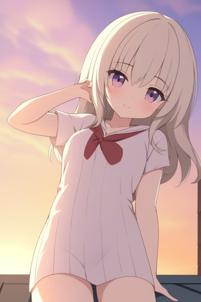  ((High quality, high quality, super resolution, good anatomy)) MasterPEACE, Best of the Best, a beautifully ided rooftop sweet high student in a beautifully ided female picture that matches a small, cute gentle female picture Cider sunset