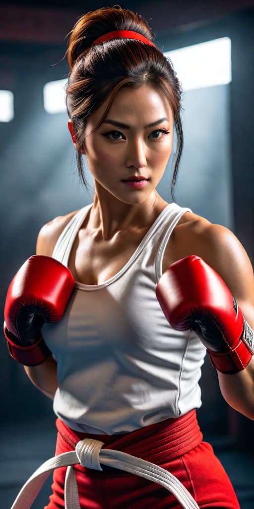  A high-resolution, realistic depiction of a beautiful young Asian female martial artist with short brown hair tied with a red headband, wearing a sleeveless white gi over a red top and red leggings, with red gloves. She is standing confidently with a slight smile, without visible muscles. Her face is extremely pretty. The style should be photorealistic with detailed textures, realistic lighting, and shadows, capturing the essence of a graceful and determined fighter. hyperrealistic, full body, detailed clothing, highly detailed, cinematic lighting, stunningly beautiful, intricate, sharp focus, f/1. 8, 85mm, (centered image composition), (professionally color graded), ((bright soft diffused light)), volumetric fog, trending on instagram, trending on tumblr, HDR 4K, 8K