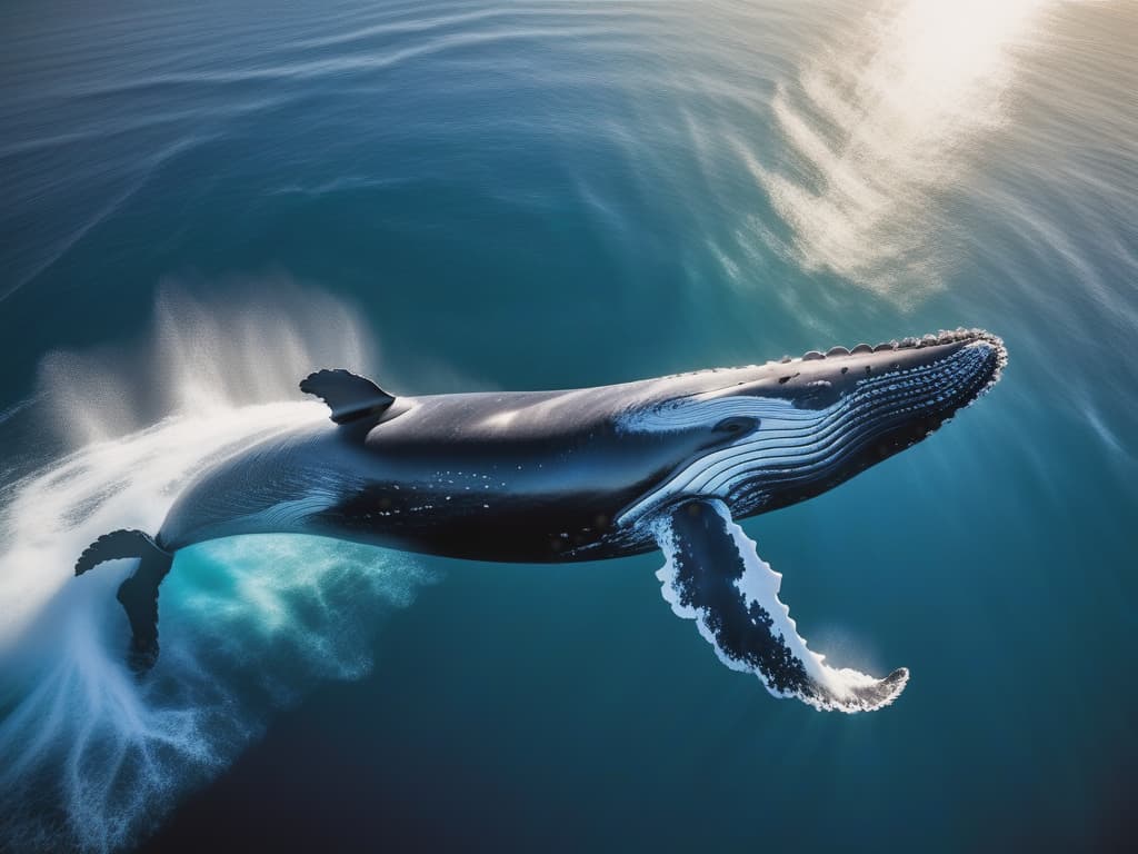  Behold a National Geographic award-winning drone capture: a humpback whale in exhilarating motion, spouting water into the bright morning sky. The vibrant scene, enhanced by film grain and lens flare, captures the essence of a stunning Kodachrome ISO 200 moment, immortalizing nature's grandeur.