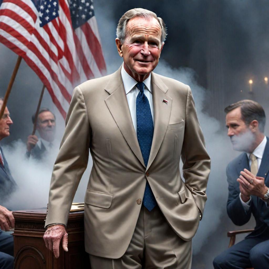  Create a painting of George Herbert Walker Bush. hyperrealistic, full body, detailed clothing, highly detailed, cinematic lighting, stunningly beautiful, intricate, sharp focus, f/1. 8, 85mm, (centered image composition), (professionally color graded), ((bright soft diffused light)), volumetric fog, trending on instagram, trending on tumblr, HDR 4K, 8K