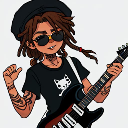  rock guitarist cat with dreadlocks black wool hat dark t-shirt tattooed paws dark sunglasses

￼