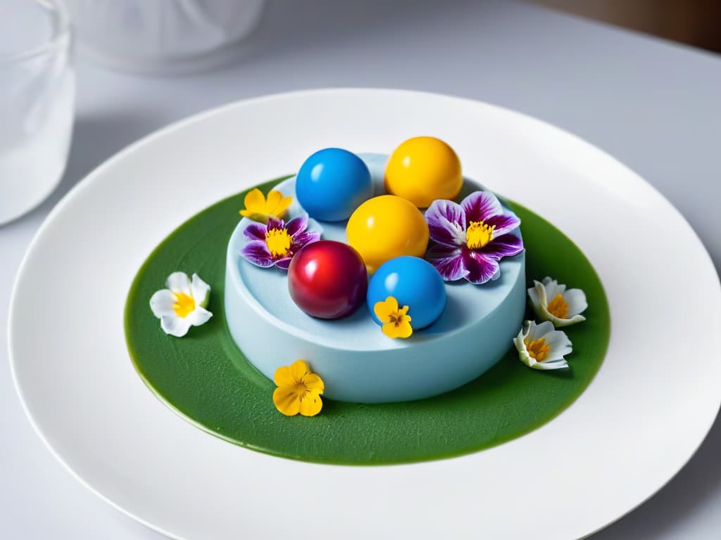  An intricately designed molecular gastronomy dessert with precise molecular structures, showing colorful spheres, delicate foams, and edible flowers arranged on a sleek, modern plate. The dessert is elegantly presented with precision and artistry, highlighting the fusion of science and culinary art in molecular gastronomy. hyperrealistic, full body, detailed clothing, highly detailed, cinematic lighting, stunningly beautiful, intricate, sharp focus, f/1. 8, 85mm, (centered image composition), (professionally color graded), ((bright soft diffused light)), volumetric fog, trending on instagram, trending on tumblr, HDR 4K, 8K