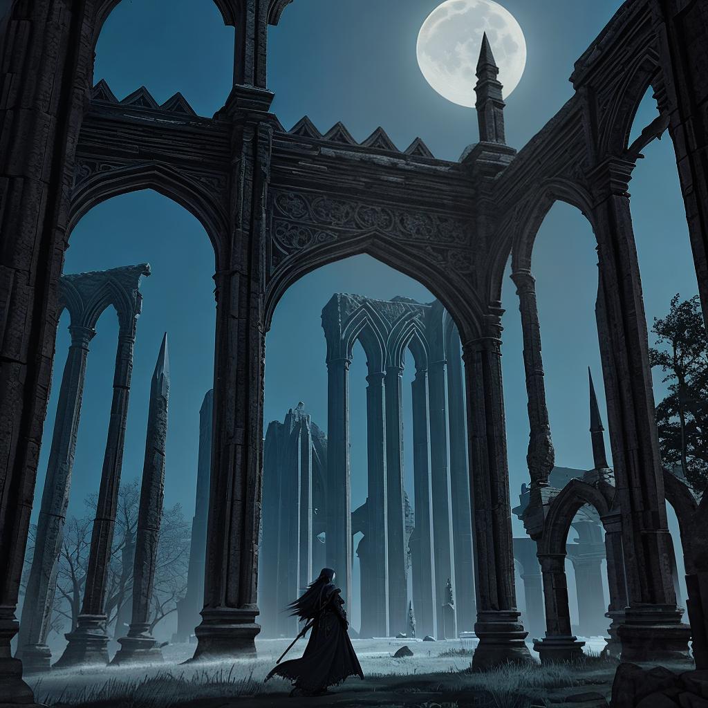  in a gothic aesthetic, Ethereal spires pierce the moonlit sky, as ancient arches weave tales of forgotten realms in a Gothic tapestry.