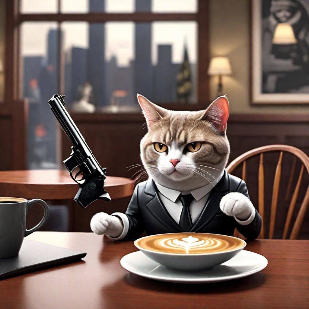  A cartoon-style image of a funny meme featuring a cat with an irritated expression sitting at a table with a coffee mug in front of him and holding a gun. There's a text at the top that says "I HAVEN'T HAD MY COFFEE YET" and at the bottom "DON'T PURRR-SUE ME". hyperrealistic, full body, detailed clothing, highly detailed, cinematic lighting, stunningly beautiful, intricate, sharp focus, f/1. 8, 85mm, (centered image composition), (professionally color graded), ((bright soft diffused light)), volumetric fog, trending on instagram, trending on tumblr, HDR 4K, 8K