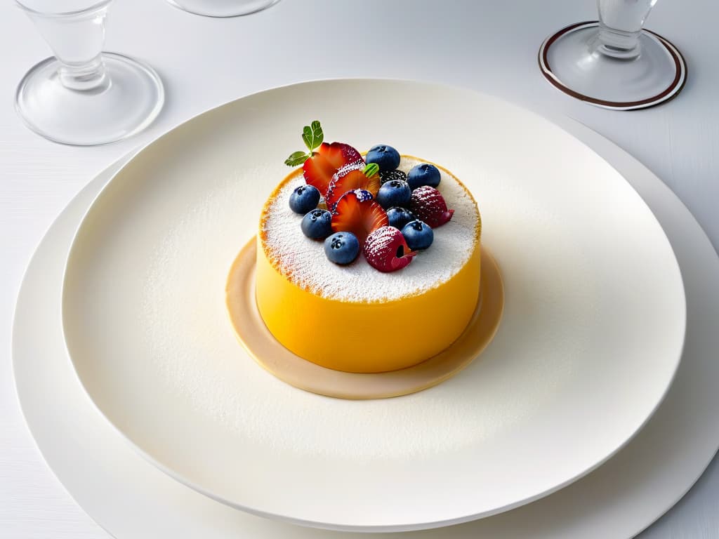  A minimalist, highresolution image of a delicate, intricately layered dessert with vibrant colors and textures. The dessert is elegantly plated on a simple, white ceramic dish, showcasing a fusion of traditional and modern ingredients beautifully arranged in a visually striking composition. The lighting is soft and diffused, highlighting the intricate details and inviting the viewer to appreciate the artistry and craftsmanship that goes into creating such a visually stunning dessert. hyperrealistic, full body, detailed clothing, highly detailed, cinematic lighting, stunningly beautiful, intricate, sharp focus, f/1. 8, 85mm, (centered image composition), (professionally color graded), ((bright soft diffused light)), volumetric fog, trending on instagram, trending on tumblr, HDR 4K, 8K