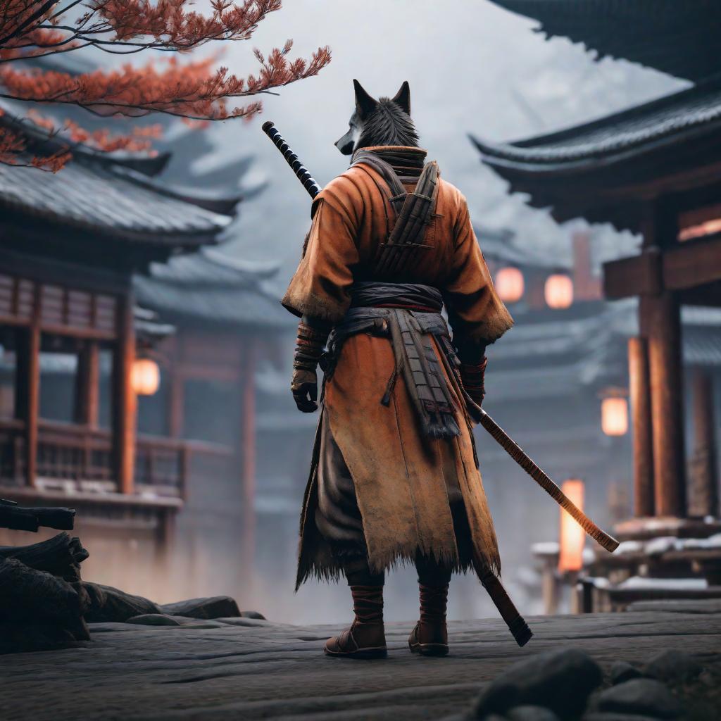  sekiro shadow die twice, wolf, wallpaper, cute, hyper detail, full HD hyperrealistic, full body, detailed clothing, highly detailed, cinematic lighting, stunningly beautiful, intricate, sharp focus, f/1. 8, 85mm, (centered image composition), (professionally color graded), ((bright soft diffused light)), volumetric fog, trending on instagram, trending on tumblr, HDR 4K, 8K