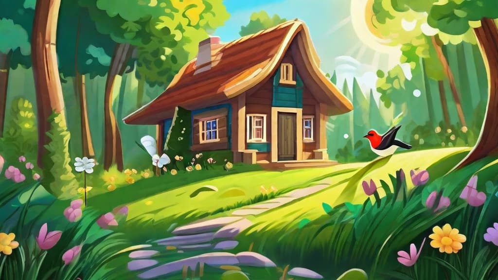  Masterpiece, best quality, you are an expert painter, painting a small wooden house in a green forest, the sun shining on the grass, a few birds singing, Disney style.