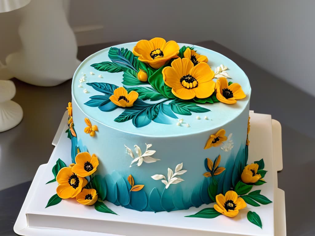  An ultradetailed closeup image of a delicate hand painting intricate floral designs on a fondant cake with edible paints. The image showcases the vibrant colors blending seamlessly on the smooth surface, capturing the precision and artistry involved in using edible paint for pastry decoration. The intricate brushstrokes and the fine details of the floral patterns evoke a sense of elegance and sophistication, making it a visually captivating and inspiring representation of edible painting for confectionery. hyperrealistic, full body, detailed clothing, highly detailed, cinematic lighting, stunningly beautiful, intricate, sharp focus, f/1. 8, 85mm, (centered image composition), (professionally color graded), ((bright soft diffused light)), volumetric fog, trending on instagram, trending on tumblr, HDR 4K, 8K