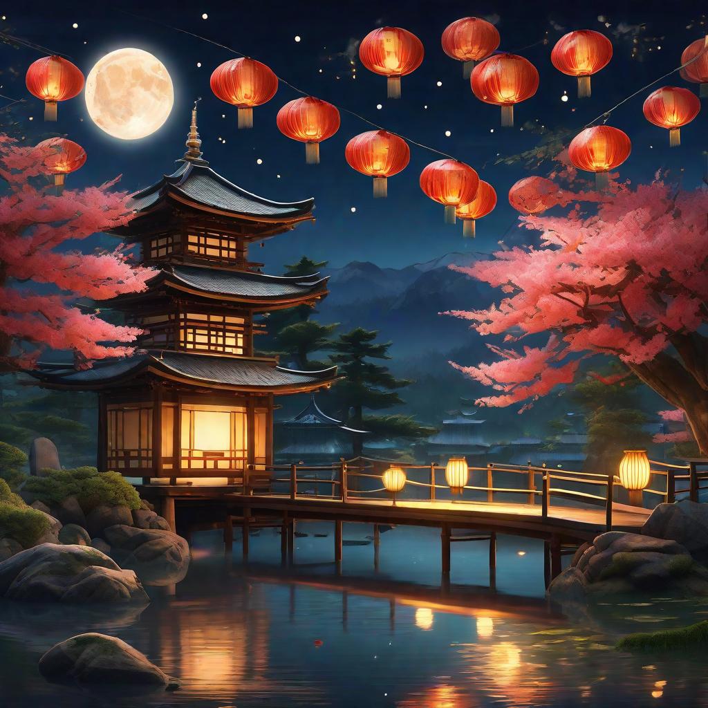  masterpiece, best quality, (Fidelity: 1.4), Best Quality, Masterpiece, Ultra High Resolution, 8k resolution, A night view inspired by Japanese art, featuring a garden illuminated by paper lanterns and a wooden bridge spanning a tranquil lake, by the lakeside, there is a small Zen temple. The water reflects the starry sky.