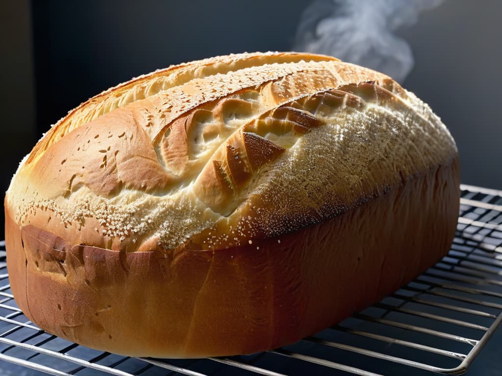  A closeup, ultrahighresolution image of a perfectly golden and crusty artisanal loaf of bread, freshly baked and cooling on a wire rack. The textured surface of the bread glistens under a soft light, showcasing the intricate patterns created during the fermentation and baking process. Crumbs of flour and hints of steam linger around the loaf, adding a sense of warmth and freshness to the scene. hyperrealistic, full body, detailed clothing, highly detailed, cinematic lighting, stunningly beautiful, intricate, sharp focus, f/1. 8, 85mm, (centered image composition), (professionally color graded), ((bright soft diffused light)), volumetric fog, trending on instagram, trending on tumblr, HDR 4K, 8K