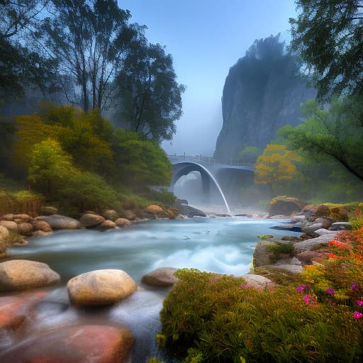 dvarchmodern Fountain River, (rough brush strokes: 1.5), [soft impressionist brush strokes:1.2], blinding light, canvas texture, muted colors, by Brent Heighton, by Richard Schmid hyperrealistic, full body, detailed clothing, highly detailed, cinematic lighting, stunningly beautiful, intricate, sharp focus, f/1. 8, 85mm, (centered image composition), (professionally color graded), ((bright soft diffused light)), volumetric fog, trending on instagram, trending on tumblr, HDR 4K, 8K