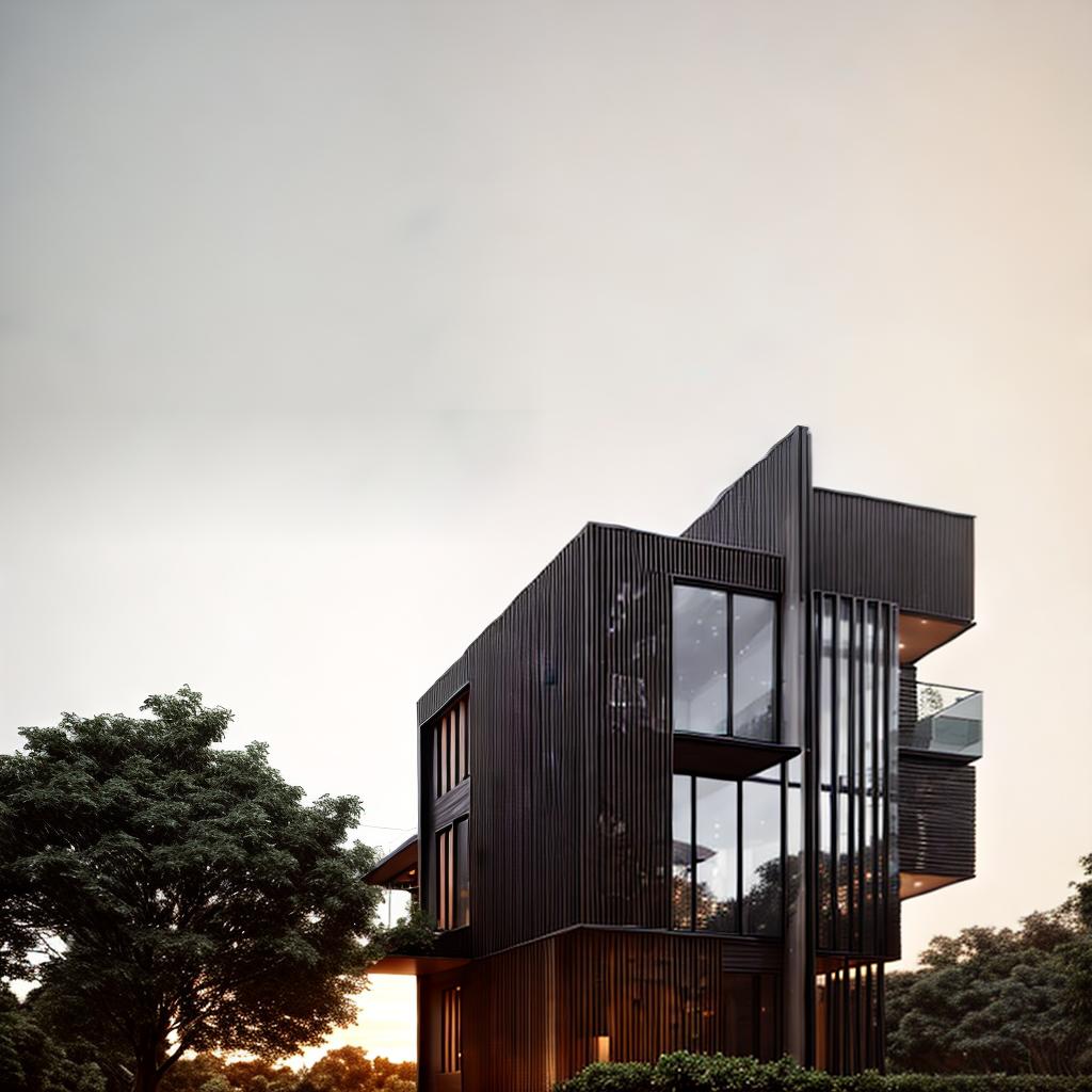  A luxury modern house in a city, tree, raw photo, cinematic lighting, best quality, masterpiece