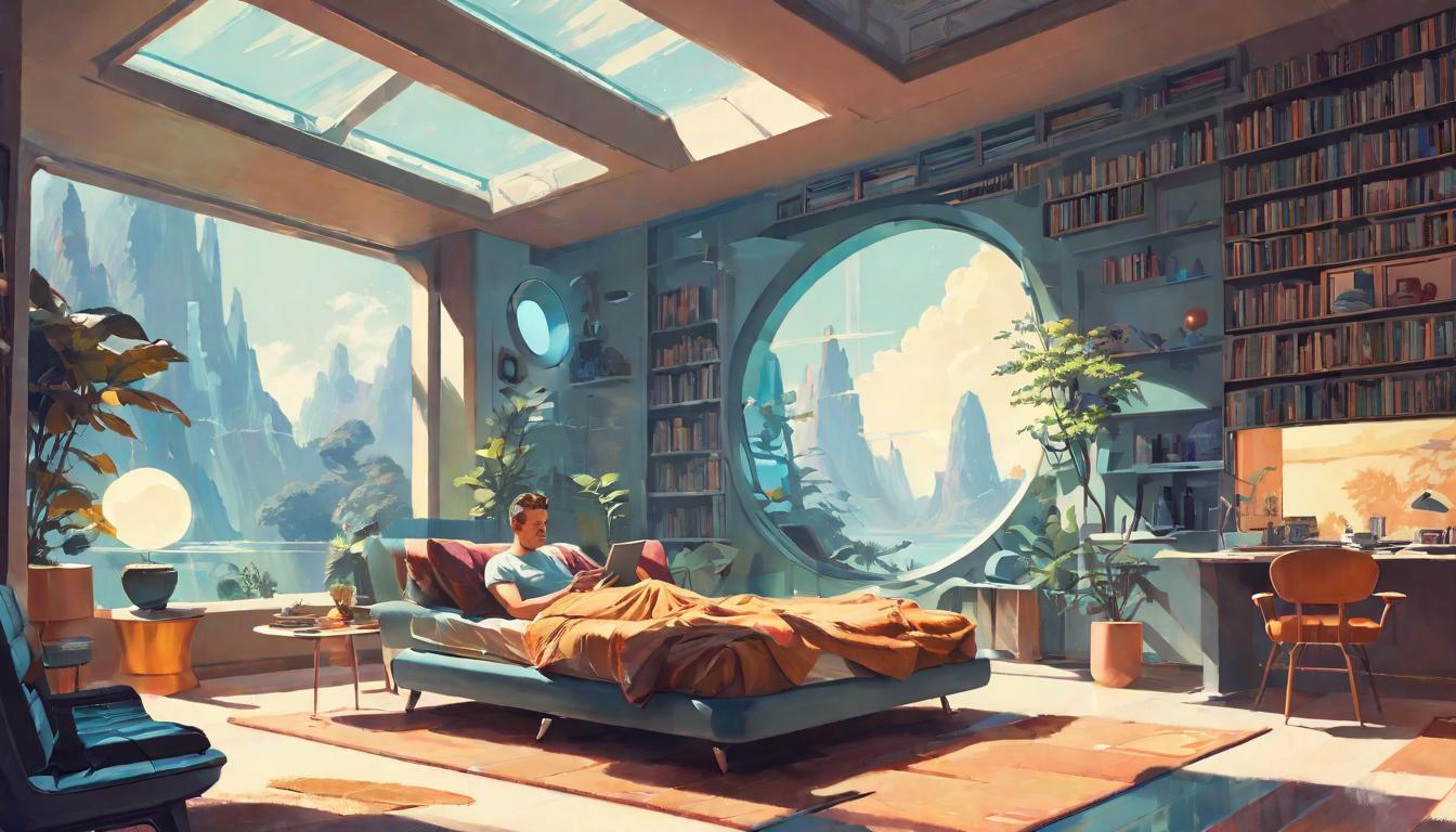  retro futuristic Person in a sunlit room, peaceful atmosphere, engaging in hobbies, painting, reading, nature walks, joyous expression lvintage sci fi, 50s and 60s style, atomic age, vibrant, highly detailed