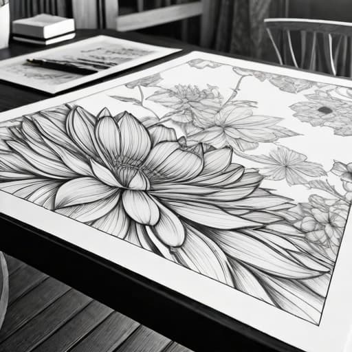  Flower, vast on a table,coloring book, line art, high resolution, black and white, colorless,(( no color)) ((only sketch)) hyperrealistic, full body, detailed clothing, highly detailed, cinematic lighting, stunningly beautiful, intricate, sharp focus, f/1. 8, 85mm, (centered image composition), (professionally color graded), ((bright soft diffused light)), volumetric fog, trending on instagram, trending on tumblr, HDR 4K, 8K
