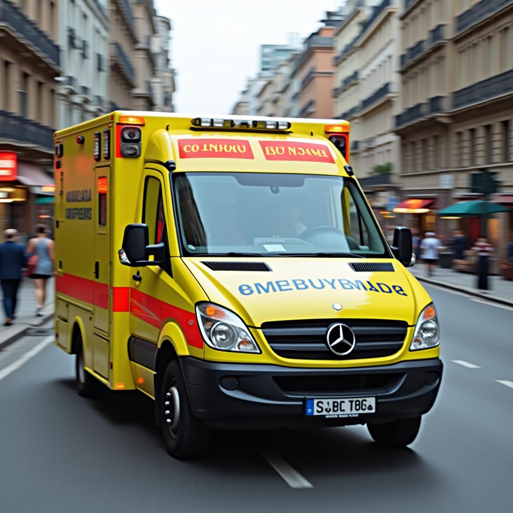  good quality, high quality, emergency medical response: yellow ambulance in action for urgent rescue and assistance on the streets