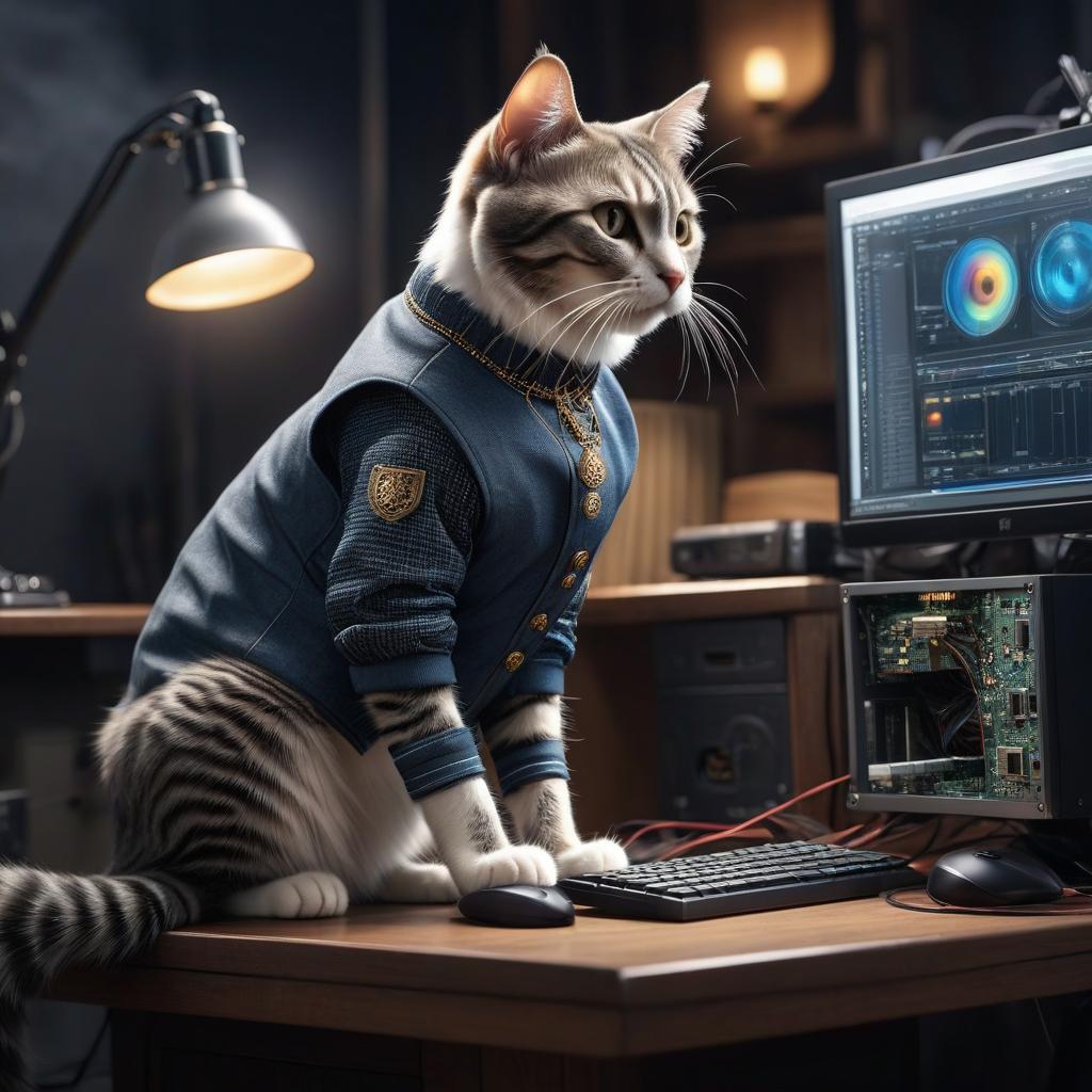  A cat in clothing is fixing a computer. hyperrealistic, full body, detailed clothing, highly detailed, cinematic lighting, stunningly beautiful, intricate, sharp focus, f/1. 8, 85mm, (centered image composition), (professionally color graded), ((bright soft diffused light)), volumetric fog, trending on instagram, trending on tumblr, HDR 4K, 8K