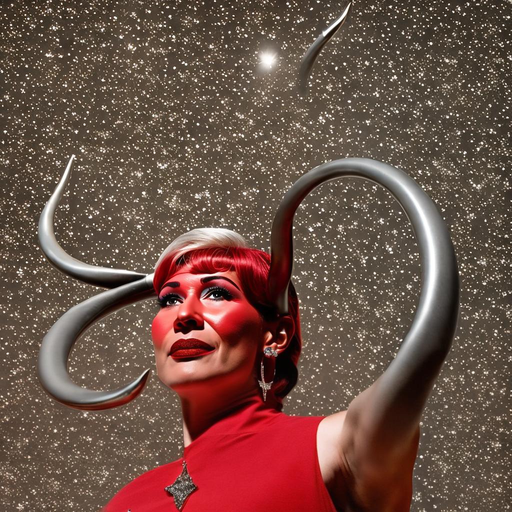  ultra detailed 16k resolution realistic photo, High definition, realistic, natural lighting, smirking red devil woman with horns pitchfork and tail in 1950s style, moon, stars, hearts, glitter