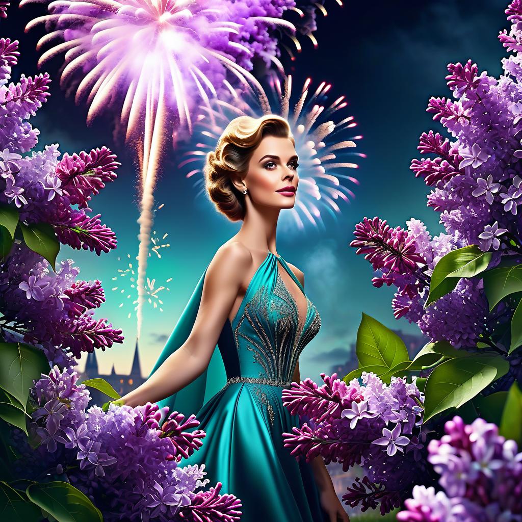  Advertising poster style postcard, fireworks, lilacs, May, spring. . Professional, modern, product focused, commercial, eye catching, highly detailed hyperrealistic, full body, detailed clothing, highly detailed, cinematic lighting, stunningly beautiful, intricate, sharp focus, f/1. 8, 85mm, (centered image composition), (professionally color graded), ((bright soft diffused light)), volumetric fog, trending on instagram, trending on tumblr, HDR 4K, 8K