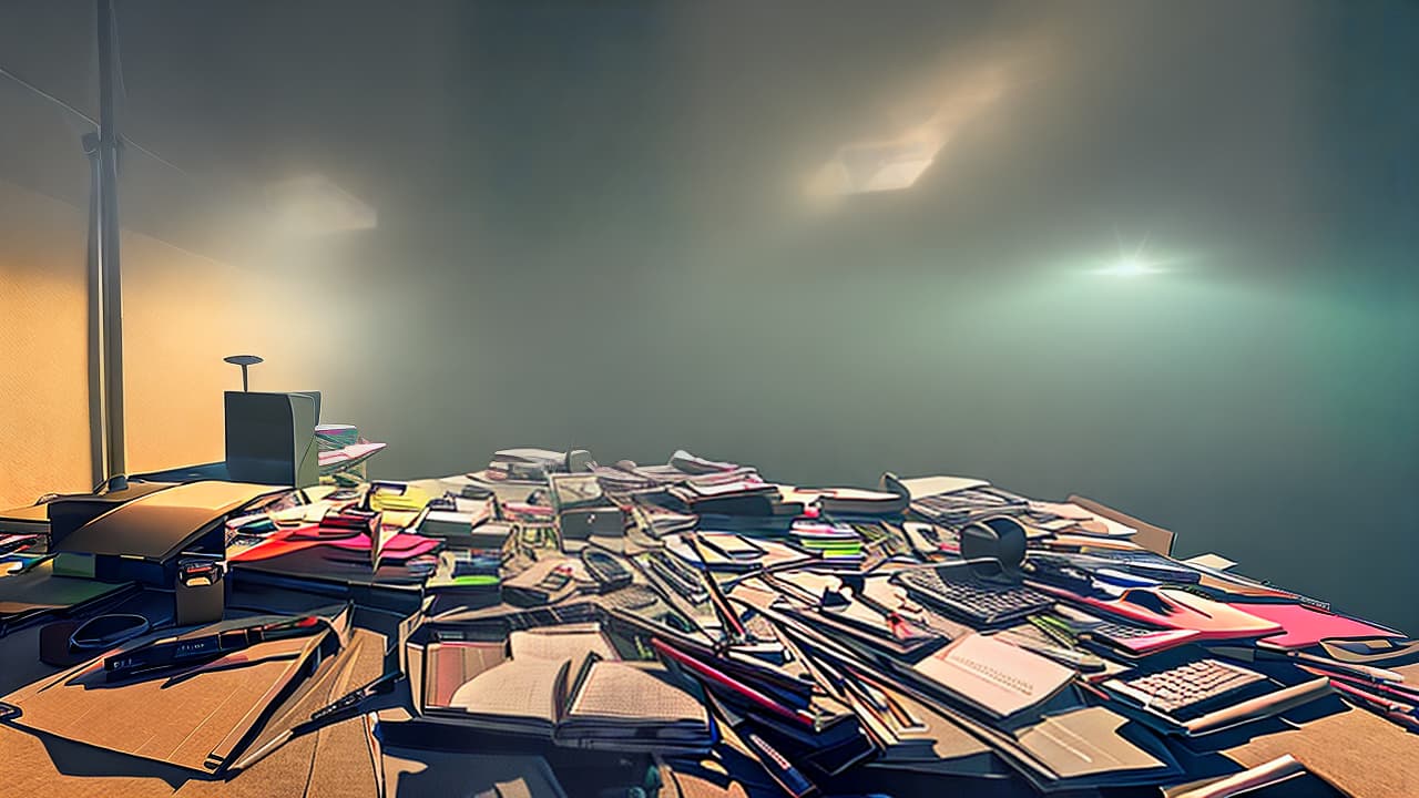  An illustration depicting a cluttered desk with scattered papers, pens, and office supplies, contrasted with a tidy and organized workspace featuring a few, strategically grouped items, showcasing reduced visual noise. hyperrealistic, full body, detailed clothing, highly detailed, cinematic lighting, stunningly beautiful, intricate, sharp focus, f/1. 8, 85mm, (centered image composition), (professionally color graded), ((bright soft diffused light)), volumetric fog, trending on instagram, trending on tumblr, HDR 4K, 8K