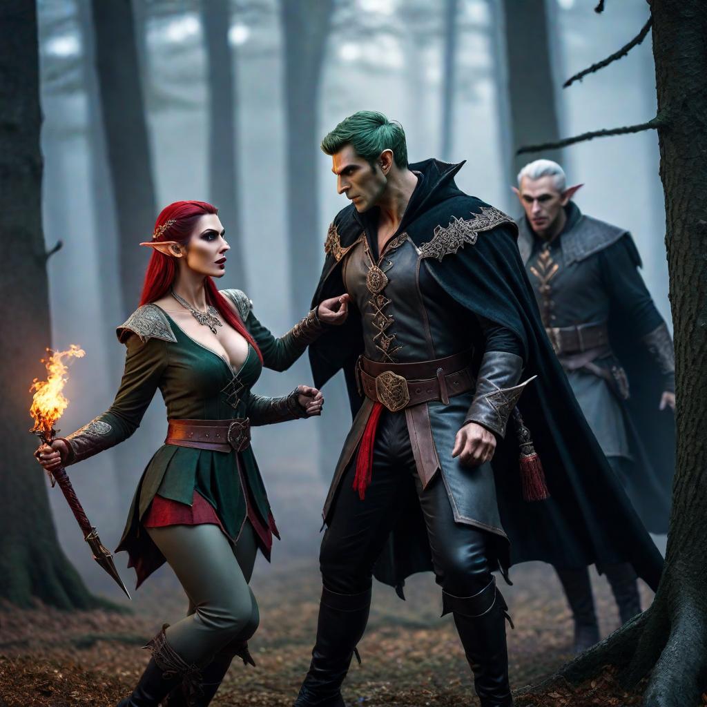  a very stylish elf fighting with vampires hyperrealistic, full body, detailed clothing, highly detailed, cinematic lighting, stunningly beautiful, intricate, sharp focus, f/1. 8, 85mm, (centered image composition), (professionally color graded), ((bright soft diffused light)), volumetric fog, trending on instagram, trending on tumblr, HDR 4K, 8K