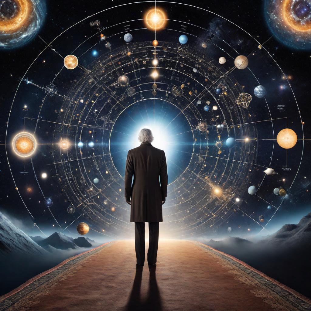  A visual representation that depicts a journey through an enigmatic and interconnected reality inspired by the works of Einstein. It should incorporate elements such as cosmic patterns, quantum physics symbols, and representations of karma, along with text snippets like 'Journey with me beyond the surface', 'interconnected cosmic quilt', and 'intellectual renaissance'. The image should evoke a sense of deep exploration, discovery, and the interconnection of all things. It should include elements of science, spirituality, and a revolution in thought, capturing the cutting-edge knowledge at the frontiers of science. Please include cosmic and ethereal imagery that represents both the macrocosm of the universe and the microcosm of subatomic par hyperrealistic, full body, detailed clothing, highly detailed, cinematic lighting, stunningly beautiful, intricate, sharp focus, f/1. 8, 85mm, (centered image composition), (professionally color graded), ((bright soft diffused light)), volumetric fog, trending on instagram, trending on tumblr, HDR 4K, 8K