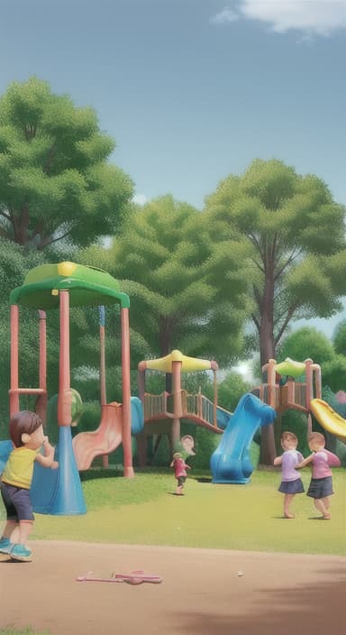  {Children playing in a sunny park with swings and slides., Same group of happy children, now wearing casual play clothes.